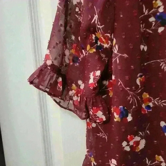 Madewell Ruffle Peplum Swing Top In Clipdot Maroon Carnation Toss. XS - Picture 5 of 13